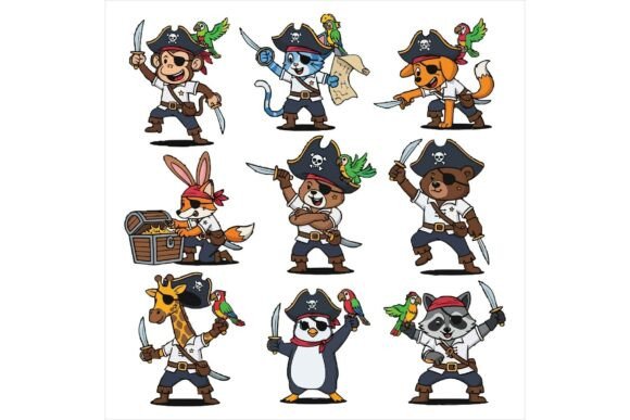 Cartoon Animals Dressed As Pirates T-Shirt Designs