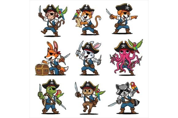 Cartoon Pirate Animals Characters for T-Shirt Designs