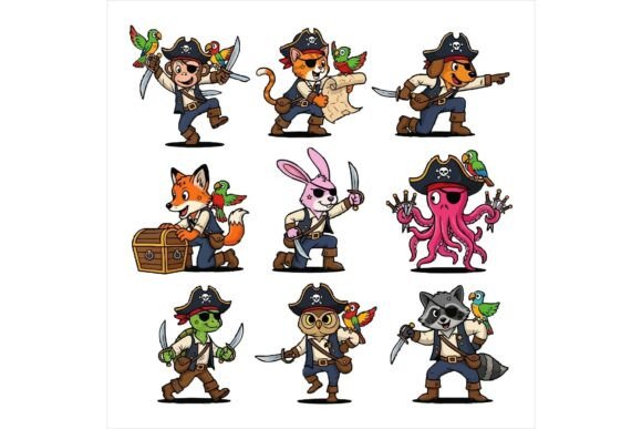 Pirate Animals Cartoon Characters T-Shirt Designs